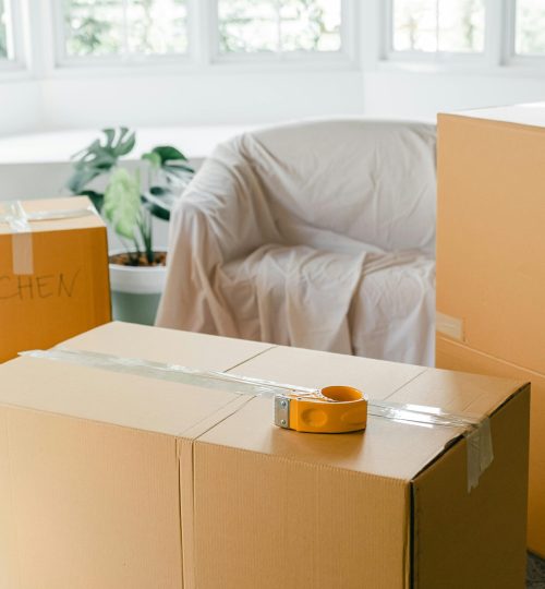 Cardboard boxes labeled 'Kitchen' in sunlit living room, ready for relocation.